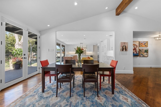 dining area featuring vaulted ceiling with beams, dark wood-style floors, baseboards, and recessed lighting