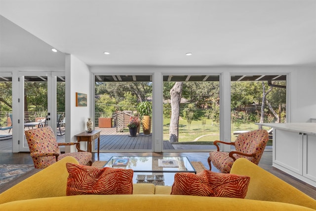 living area featuring a wealth of natural light, dark wood finished floors, and recessed lighting