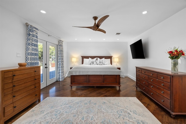 bedroom with access to outside, french doors, visible vents, and dark wood-style flooring