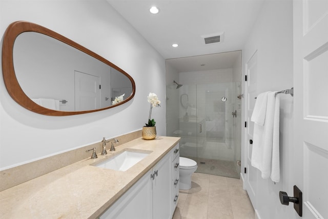 full bath featuring recessed lighting, visible vents, toilet, a stall shower, and vanity