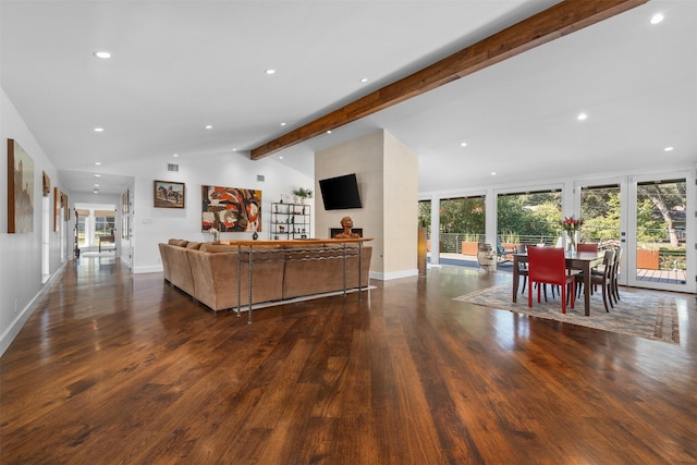 living area featuring a wealth of natural light, french doors, vaulted ceiling with beams, and dark wood-style flooring