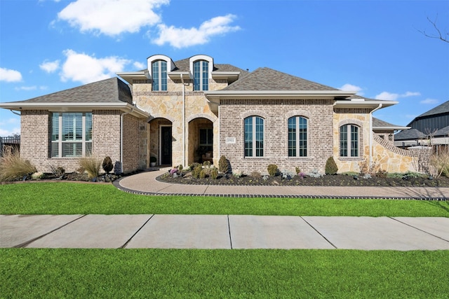 french country inspired facade with stone siding, brick siding, a front lawn, and roof with shingles