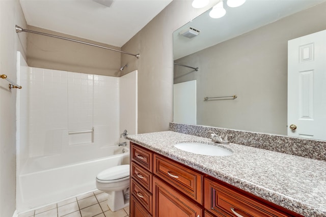 full bathroom featuring tile patterned flooring, toilet, shower / bath combination, visible vents, and vanity