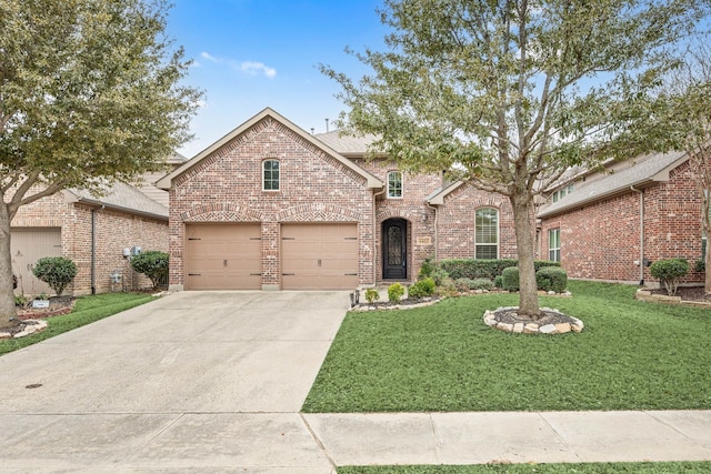 view of front of home with a garage, a front yard, concrete driveway, and brick siding