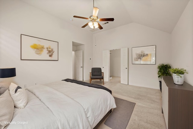 6413 Valley View Dr, Mckinney, TX 75071 - bedroom with light colored carpet, a ceiling fan, vaulted ceiling, and visible vents