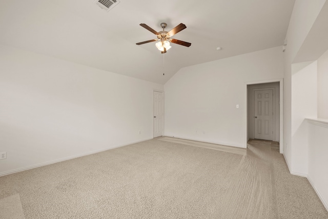 6413 Valley View Dr, Mckinney, TX 75071 - unfurnished room with ceiling fan, light colored carpet, visible vents, baseboards, and lofted ceiling