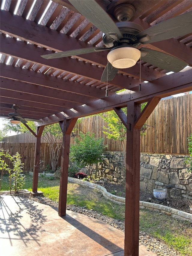 6413 Valley View Dr, Mckinney, TX 75071 - view of patio with a fenced backyard, a pergola, and ceiling fan