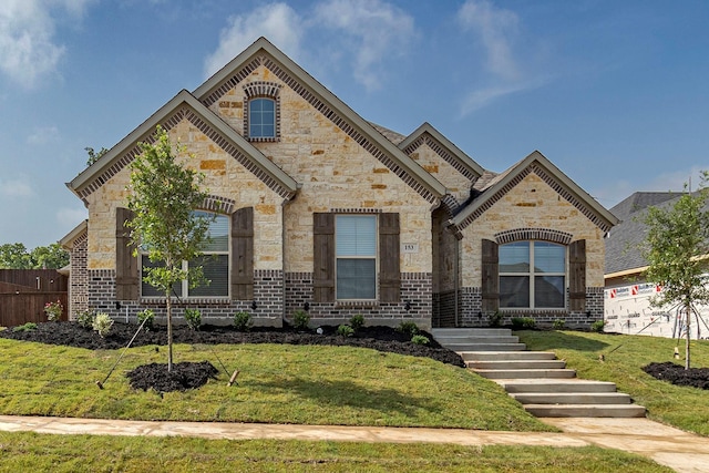 french country inspired facade featuring stone siding, fence, a front lawn, and brick siding