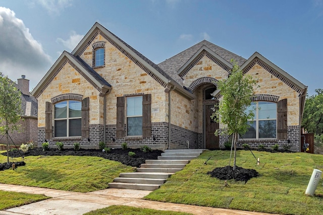 french country home with stone siding, stairway, a front lawn, and brick siding