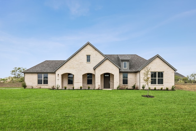 french country inspired facade with a shingled roof, brick siding, and a front lawn