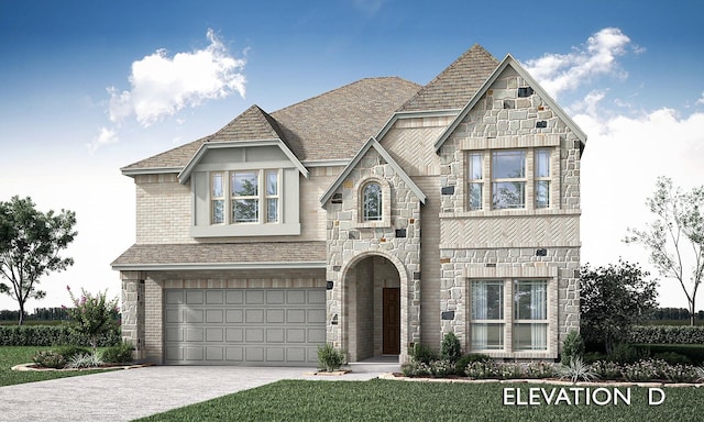 view of front of property with a garage, stone siding, driveway, and a shingled roof