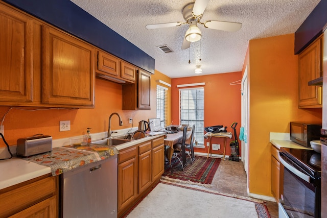 kitchen featuring black microwave, visible vents, stainless steel dishwasher, brown cabinets, and electric range oven