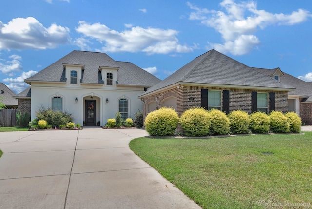 french country style house featuring driveway, a garage, roof with shingles, a front lawn, and brick siding