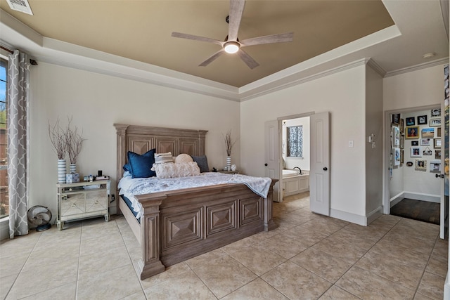 bedroom featuring a raised ceiling, visible vents, multiple windows, and light tile patterned flooring