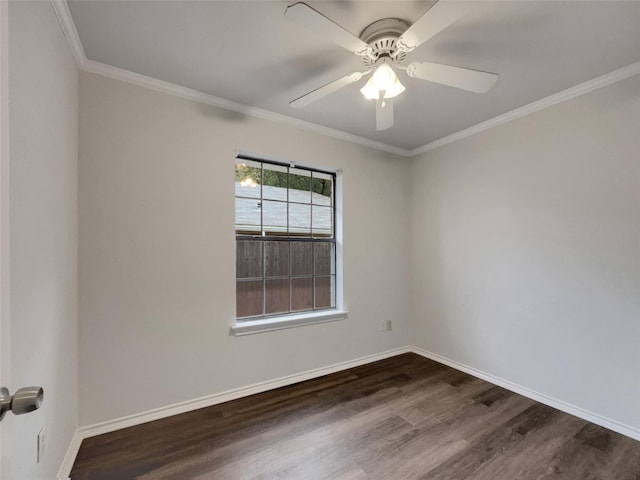 unfurnished room featuring ornamental molding, ceiling fan, dark wood-type flooring, and baseboards