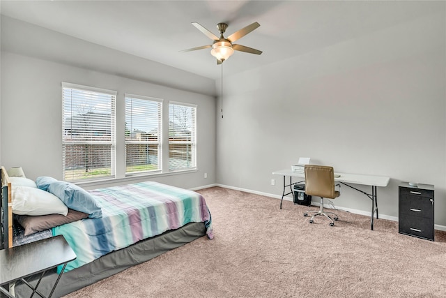 bedroom featuring carpet floors, ceiling fan, and baseboards