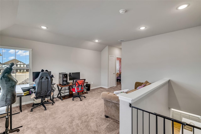 office space with carpet floors, baseboards, vaulted ceiling, and recessed lighting