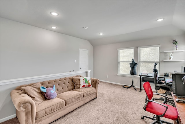 carpeted home office featuring vaulted ceiling, recessed lighting, and baseboards