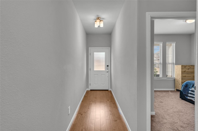 hall featuring baseboards, wood finished floors, and a textured wall