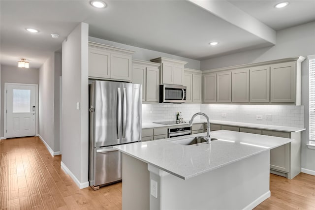 kitchen featuring light wood-style flooring, decorative backsplash, stainless steel appliances, and a sink