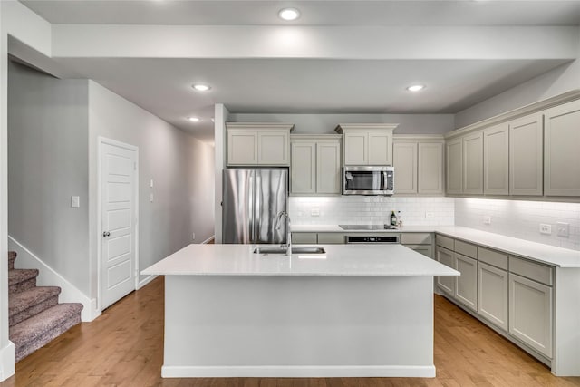 kitchen with appliances with stainless steel finishes, a sink, backsplash, and light wood finished floors