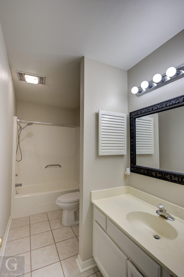 full bathroom featuring visible vents, toilet,  shower combination, tile patterned flooring, and vanity