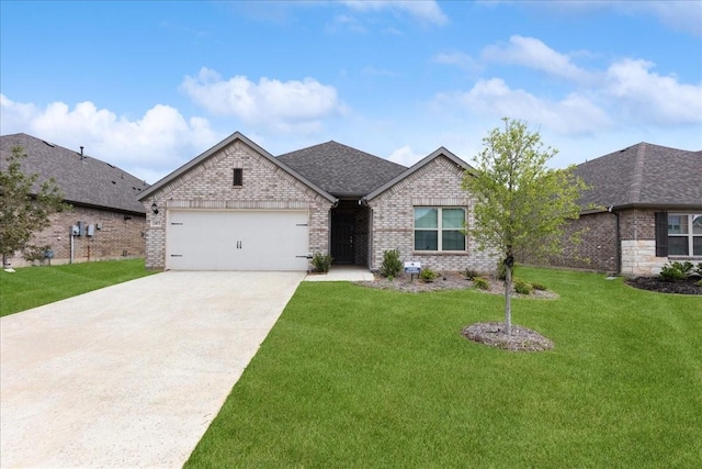 ranch-style home featuring a garage, brick siding, and a front lawn