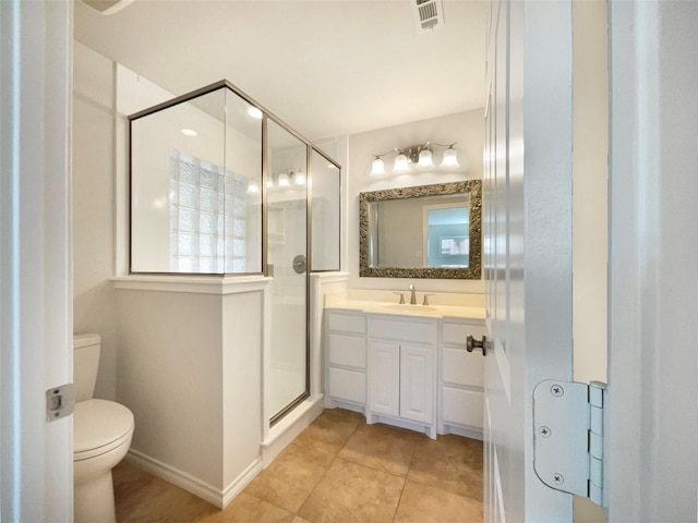 bathroom with visible vents, toilet, tile patterned floors, vanity, and a shower stall