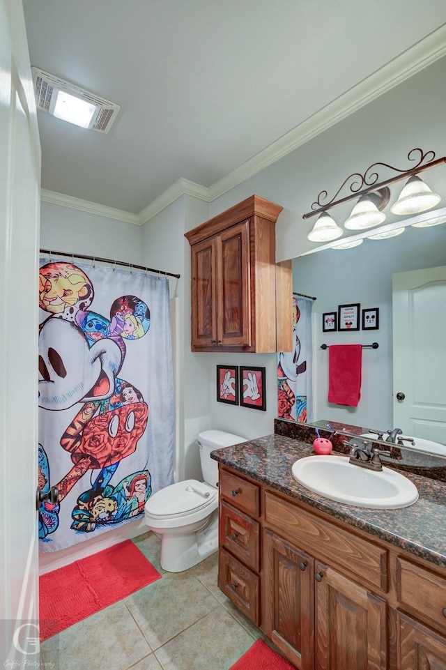 full bathroom with visible vents, toilet, ornamental molding, tile patterned floors, and vanity