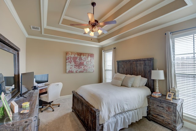 bedroom featuring multiple windows, visible vents, light colored carpet, and ornamental molding