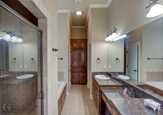 full bath featuring visible vents, tile patterned flooring, crown molding, vanity, and a bath