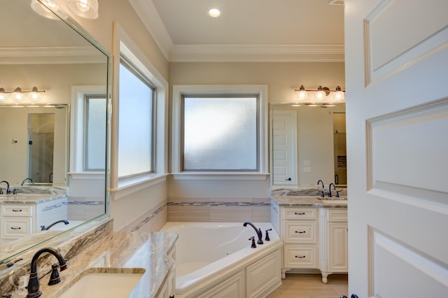 bathroom with ornamental molding, two vanities, and a sink