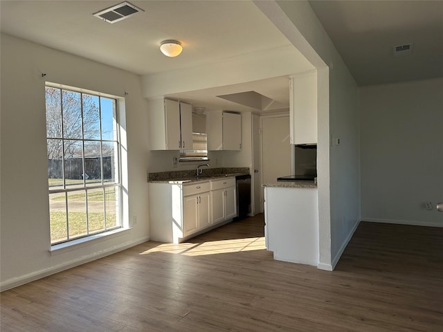 kitchen featuring a wealth of natural light, white cabinets, visible vents, and dishwashing machine