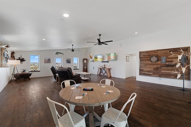 dining room with a ceiling fan, recessed lighting, and wood finished floors