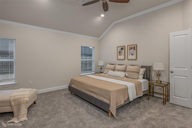 bedroom featuring lofted ceiling, light colored carpet, crown molding, and baseboards