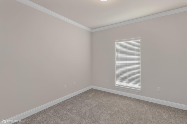 unfurnished room featuring carpet, baseboards, and ornamental molding