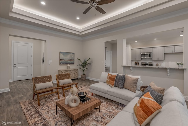 living area featuring a tray ceiling, dark wood-style flooring, and baseboards