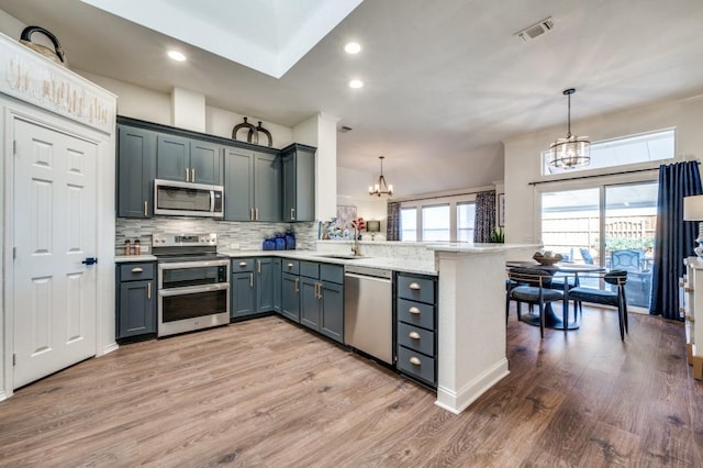 kitchen featuring stainless steel appliances, light wood-style flooring, an inviting chandelier, a sink, and a peninsula