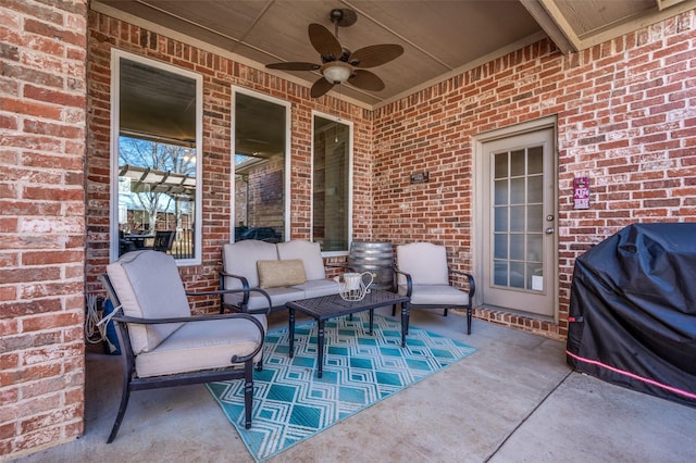 view of patio / terrace featuring an outdoor hangout area, a grill, and ceiling fan