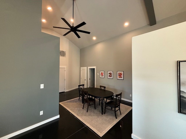 dining area with recessed lighting, visible vents, ceiling fan, high vaulted ceiling, and baseboards