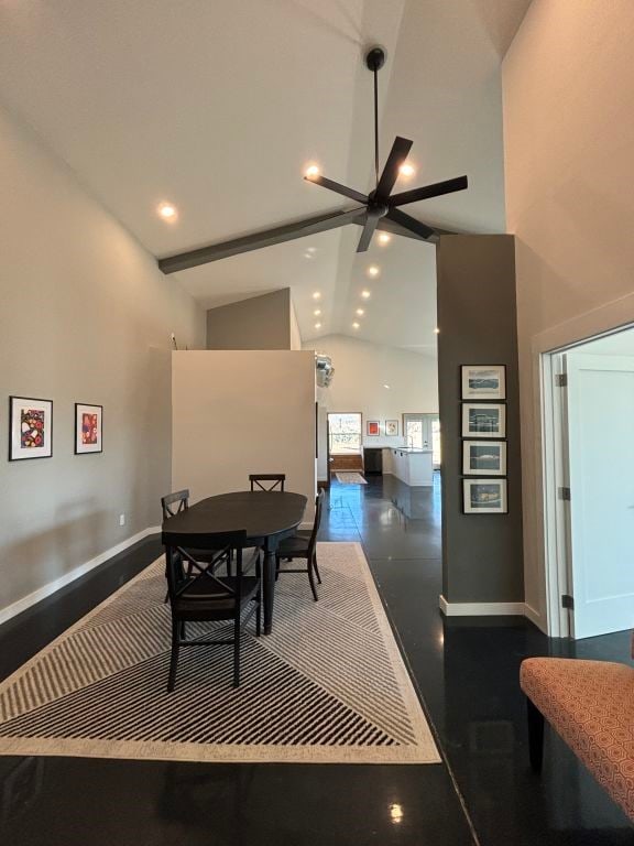 dining room featuring baseboards, a ceiling fan, high vaulted ceiling, beam ceiling, and recessed lighting