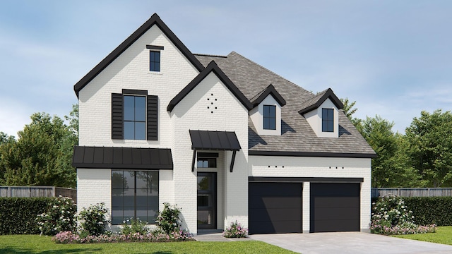 view of front of home with metal roof, driveway, brick siding, and a standing seam roof