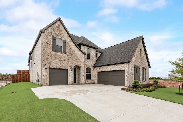 3206 Bexar St, Rockwall, TX 75032 - french country home with concrete driveway, brick siding, a shingled roof, and an attached garage