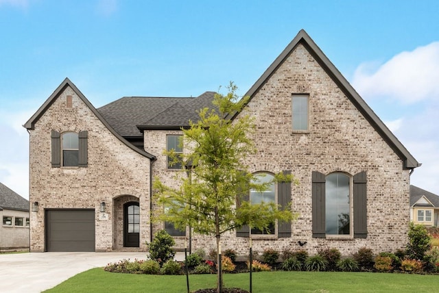 3206 Bexar St, Rockwall, TX 75032 - french provincial home featuring brick siding, an attached garage, a front yard, and concrete driveway