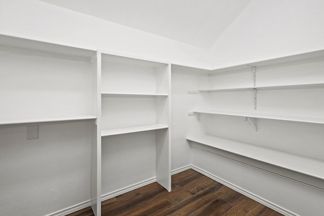 walk in closet featuring vaulted ceiling and dark wood-style flooring