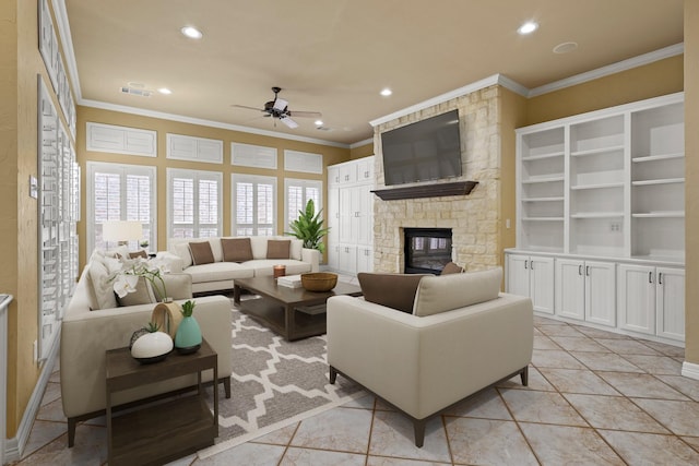 living room featuring a fireplace, recessed lighting, visible vents, ornamental molding, and a ceiling fan