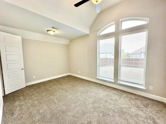 empty room with carpet floors, visible vents, vaulted ceiling, and baseboards