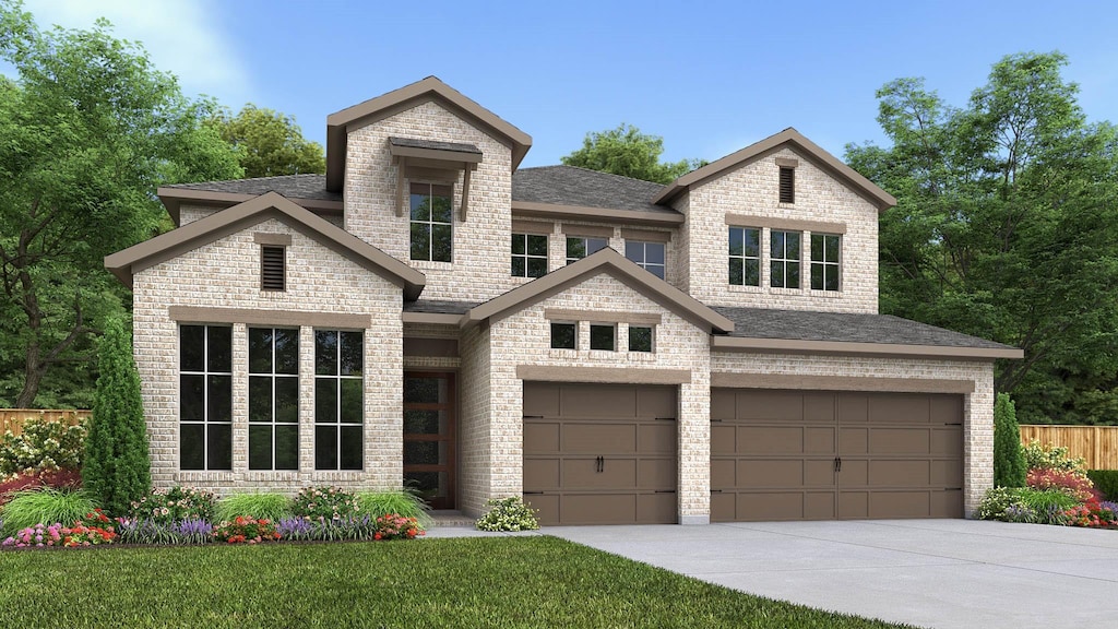 13216 Cedar Sage Trl, Fort Worth, TX 76008 - view of front facade featuring concrete driveway, fence, a garage, brick siding, and a shingled roof