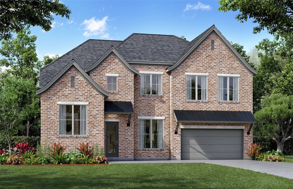 view of front facade with driveway, an attached garage, a front yard, and brick siding