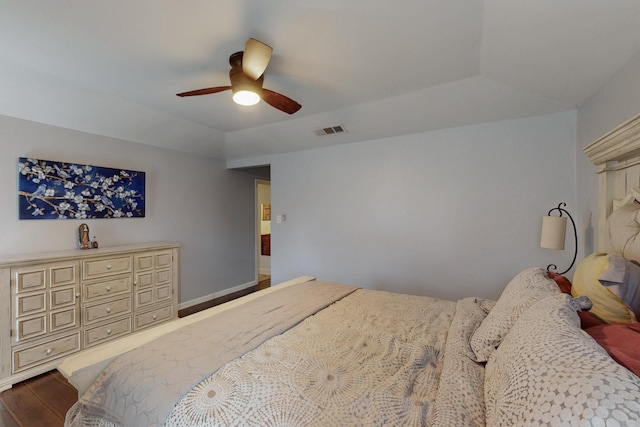 1001 British Blvd, Grand Prairie, TX 75050 - bedroom featuring visible vents, baseboards, ceiling fan, lofted ceiling, and wood finished floors